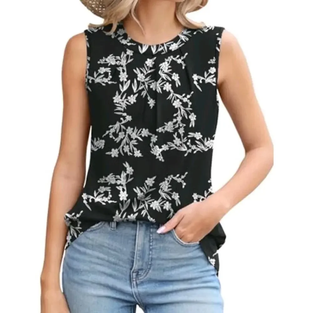 Micoson Crew Neck Sleeveless Floral Black/White Blouse Size M